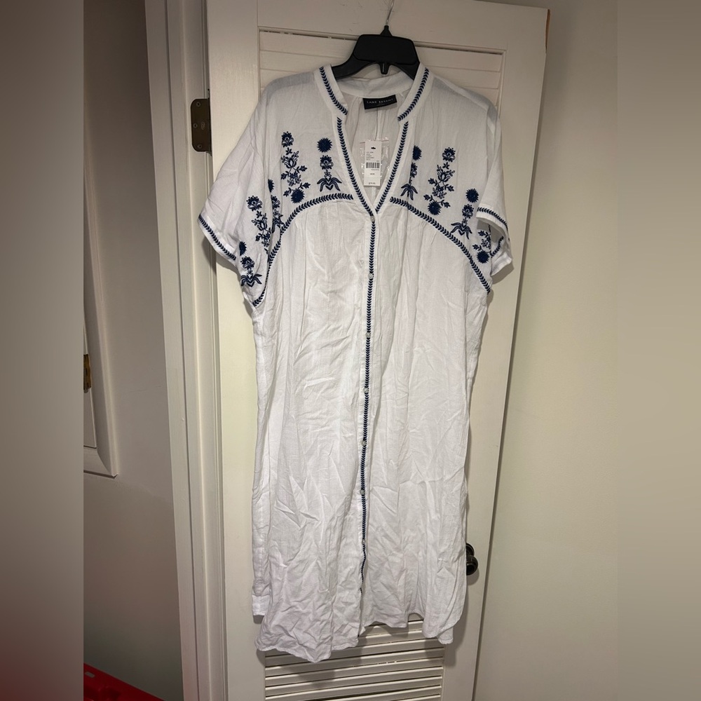 Lane Bryant White Swim Cover Up Dress with Navy Floral Embroidery